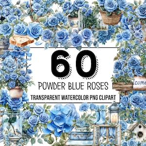 Powder Blue Roses Watercolor Clipart Pack, Spring Wedding Clipart, Digital Planner, Junk Journaling, Watercolor, Commercial Use, Sublimation