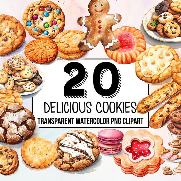 Deliciosas galletas Digital Clipart Pack - Ilustraciones de postres en acuarela - Arte de pastelería artística - Decoración de alimentos sofisticada