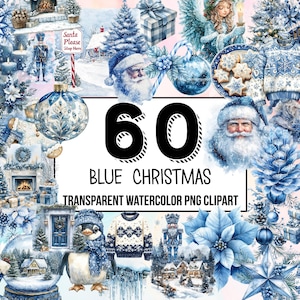 Blue Christmas Digital Clipart Pack, Traditional Christmas Decor, Digital Planner, Junk Journaling, Watercolor, Commercial Use, Sublimation