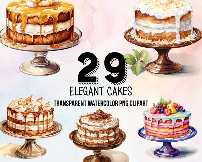 Elegant Cake Clipart Set Watercolor Dessert Illustrations Etsy