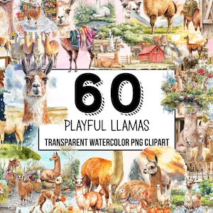 Playful Llamas Clipart Collection – Watercolor Llama and Alpaca Graphics, Cute Llama PNGs, Adorable Alpaca Clipart for Creative Projects
