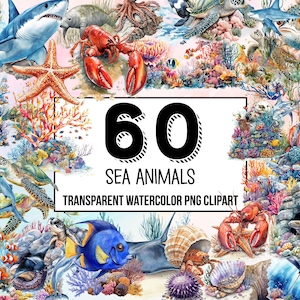 May include: A set of 60 watercolor clipart images of sea animals, including a shark, lobster, octopus, starfish, sea turtle, and more. The images are transparent and perfect for digital projects.