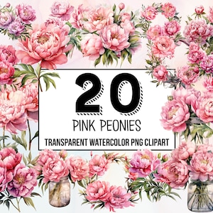 Pink Peony Clipart Collection Pack - Watercolor Floral Illustrations - Artistic Peony Art - Downloadable Prints - Rustic Decor