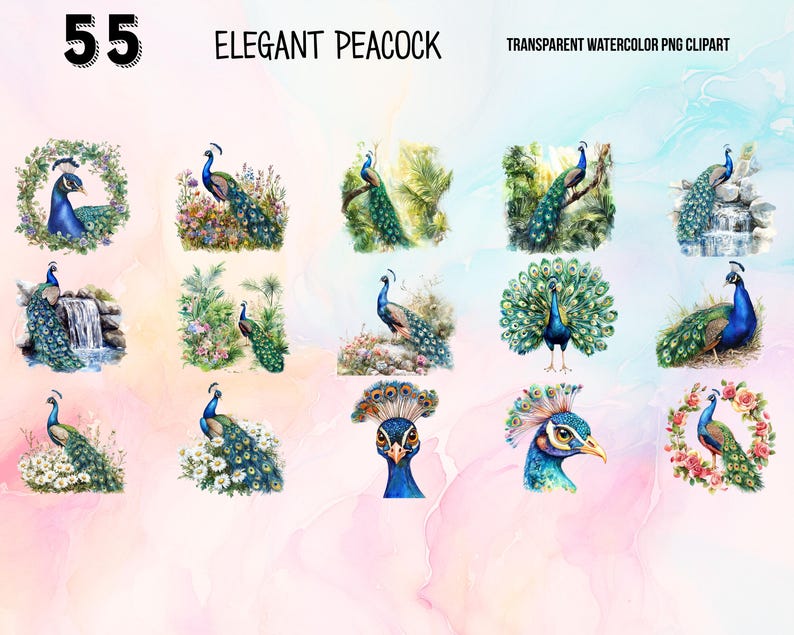 May include: A set of 12 watercolor illustrations of peacocks in various poses. The peacocks are depicted in a variety of settings, including gardens, forests, and waterfalls. The illustrations are all in a vibrant and colorful style.