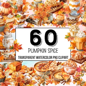 Pumpkin Spice Watercolor Clipart – cozy autumn treats, pumpkin desserts, fall harvest, and Halloween sweets clip art for commercial use