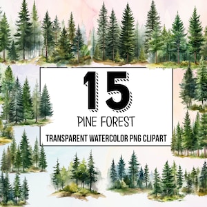 Pine Forest Digital Clipart Pack, Traditional Christmas Decor, Digital Planner, Junk Journaling, Watercolor, Commercial Use, Sublimation