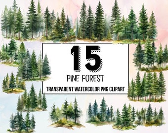 Pine Forest Digital Clipart Pack, Traditional Christmas Decor, Digital Planner, Junk Journaling, Watercolor, Commercial Use, Sublimation