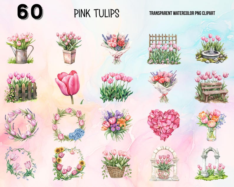 Pink Tulips Watercolor Clipart, Floral Tulip Bouquet, Spring Tulip PNG ...