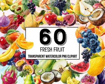 Clipart de frutas frescas em aquarela: ilustrações de frutas para designs frescos, arte de cozinha, scrapbooking e projetos de verão. Ilustrações saudáveis.