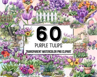 Purple Tulip Watercolor Clipart, Floral Tulip Bouquet, Spring Tulip PNG, Watercolor Dutch Tulip Clipart, Botanical ClipArt for Wedding Decor