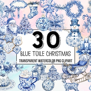 Blue Toile Christmas Clipart Pack, Traditional Christmas Decor, Digital Planner, Junk Journaling, Watercolor, Commercial Use, Sublimation