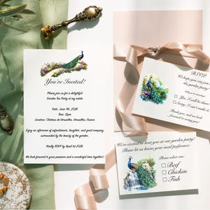 May include: A garden tea party invitation with a peacock illustration. The invitation includes the date, time, location, and RSVP information. A separate RSVP card includes a choice of meal options: beef, chicken, or fish.