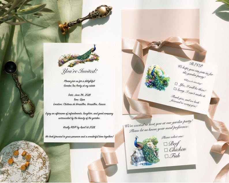 May include: A garden tea party invitation with a peacock illustration. The invitation includes the date, time, location, and RSVP information. A separate RSVP card includes a choice of meal options: beef, chicken, or fish.