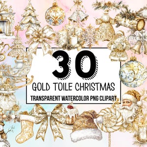Gold Toile Christmas Clipart Pack, Traditional Christmas Decor, Digital Planner, Junk Journaling, Watercolor, Commercial Use, Sublimation