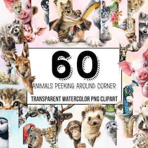 Animals Peeking Around Corner Watercolor Clipart – whimsical and playful animal PNGs for nursery decor, kids crafts, fun digital projects