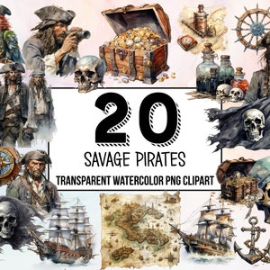 Savage Pirates Clipart Set Collection Pack - Watercolor Pirates Illustrations - Artistic Pirate Art - Downloadable Prints - Rustic Decor