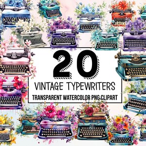 Vintage Typewriter - Watercolor Typewriter Clipart - Antique Writing Machine Illustrations - Downloadable Prints - Retro Office Art