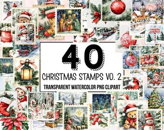 Christmas Stamps Vol. 2 Clipart Pack, Traditional Christmas Decor, Digital Planner, Junk Journaling, Watercolor, Commercial Use, Sublimation
