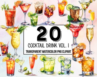 Cocktail Drink Vol. 1 watercolor Clipart Collection, Signature Cocktail, Alcohol Illustrations, Non Alcoholic Drinks, Beverage Clipart