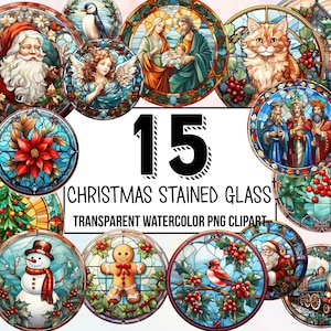 Stained Glass Christmas Clipart Set , Traditional Christmas Decor, Digital Planner, Junk Journaling, Watercolor, Commercial Use, Sublimation