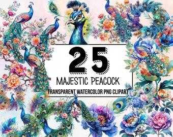 Majestic Peacock Clipart Set Digitale download, digitale planner, instant download, aquarel clipart, commercieel gebruik