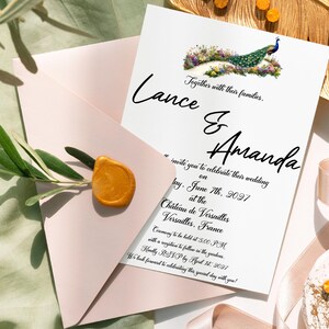 May include: A wedding invitation with a peacock design. The invitation is for Lance and Amanda, and their wedding will be held on June 7th, 2027 at the Chateau de Versailles in Versailles, France.