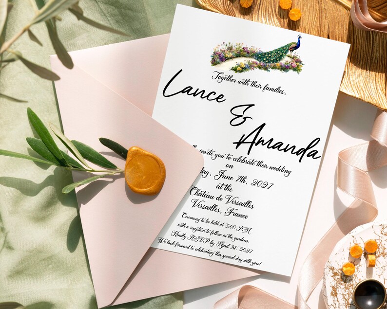 May include: A wedding invitation with a peacock design. The invitation is for Lance and Amanda, and their wedding will be held on June 7th, 2027 at the Chateau de Versailles in Versailles, France.