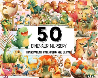 Dinosaur Nursery Watercolor Clipart – jurassic park dinosaurs, kids party stickers, birthday decor, baby shower clipart for projects