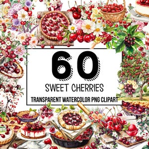 Sweet Cherries Clipart - watercolor cherry fruit png, cherry pie, cherry blossom, red cherries, digital download for commercial use