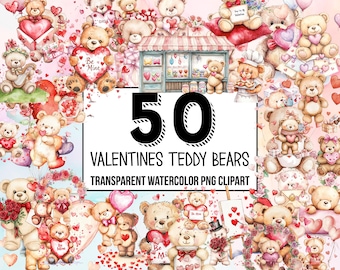 Valentines Teddy Bears Watercolor Clipart - Cute Bear Designs, Valentine’s Day PNGs, Classroom Valentines, Love Clipart for DIY Projects