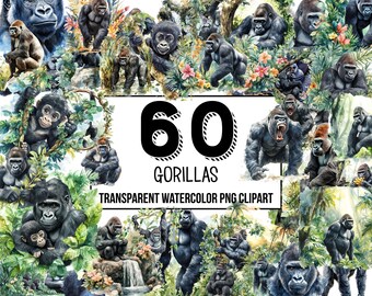 Imágenes prediseñadas de gorilas en acuarela: animales de la jungla imponentes, imágenes PNG de gorilas, arte de vida salvaje, lomos plateados y decoración de guardería para descargas digitales