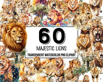 Majestätische Löwen Aquarell Clipart - Löwe PNG, Baby Löwe Clipart, afrikanische Tiere, Blumenlöwenkunst, Sublimationsdesigns, sofortiger Download