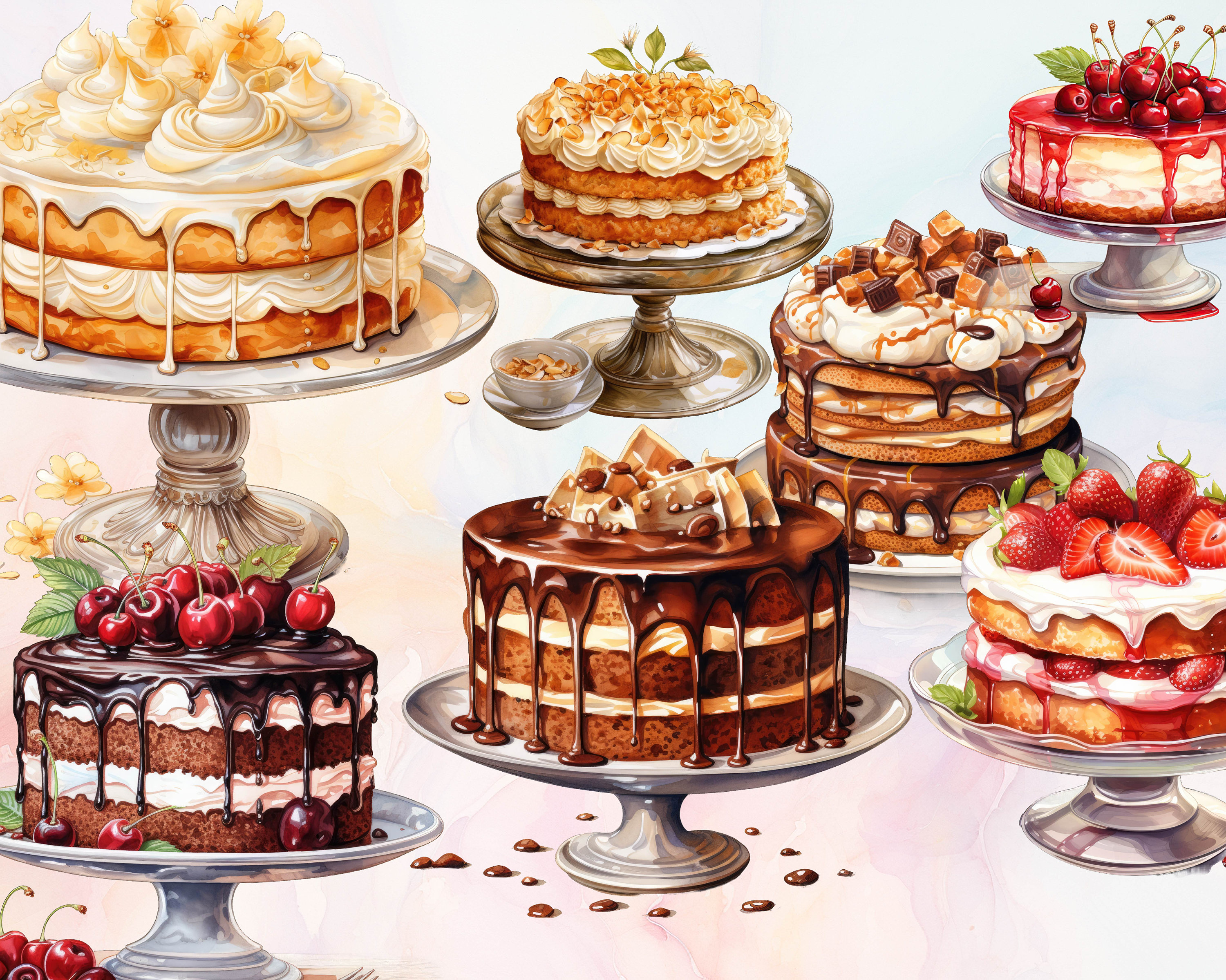 Elegant Cake Clipart Set Watercolor Dessert Illustrations Etsy