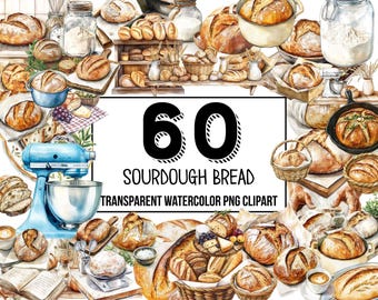 Surdegsbröd Clipart Set, Brödbakning PNG clipart, Digital Planner, Skräpjournaling, Akvarell, Kommersiellt Bruk, Sublimering