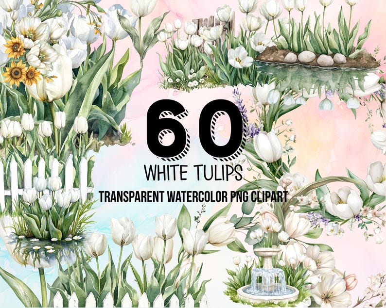 White Tulips Watercolor Clipart, Floral Tulip Bouquet, Spring Tulip PNG ...