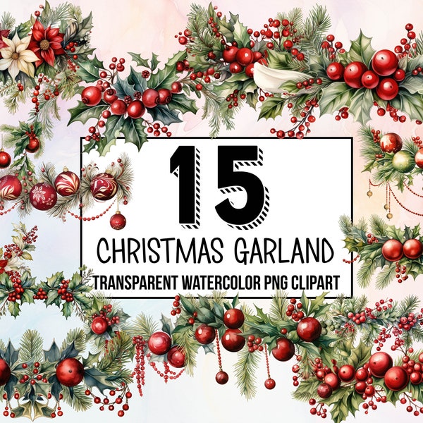 Weihnachtsgirlande Digital Clipart Pack - Feiertagskunst - Herunterladbare Drucke - Traditionelle Weihnachtsdekoration