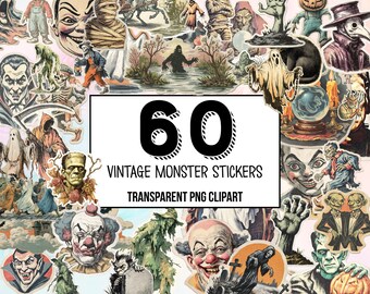 Vintage Halloween Monster Stickers Clipart – creepy halloween diecuts, retro spooky clipart png, zombie skeleton monsters, horror ephemera