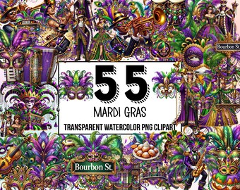 Mardi Gras Clipart Collection – Masquerade Mask PNG, Carnival Clipart, Mardi Gras Beads, Fleur de Lys, Peacock Feathers, Fat Tuesday Designs