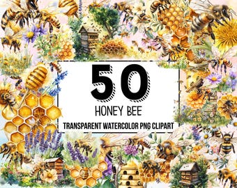 Honey Bee Watercolor Clipart - Beehive, Honey Jar, Dripping Honey, Bees, Spring Floral Clipart for Crafting and DIY Projects