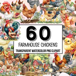 Farmhouse Chickens Watercolor Clipart, Chicken PNG, Rooster Graphics, Barnyard Art, Farmyard Chicken Printables, Chicken Coop Clipart