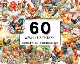 Farmhouse Chickens Watercolor Clipart, Chicken PNG, Rooster Graphics, Barnyard Art, Farmyard Chicken Printables, Chicken Coop Clipart