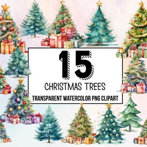 Christmas Trees Digital Clipart Pack, Traditional Christmas Decor, Digital Planner, Junk Journaling, Watercolor, Commercial Use, Sublimation
