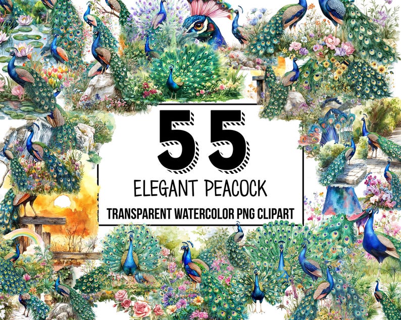 May include: 55 watercolor illustrations of peacocks in various poses, with vibrant green, blue, and gold colors. The peacocks are surrounded by flowers and foliage, creating a beautiful and elegant scene. The text "55 Elegant Peacock Transparent Watercolor PNG Clipart" is displayed at the bottom of the image.