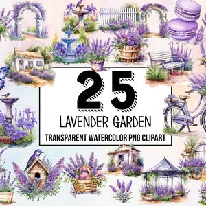 Lavender Garden Watercolor Clipart, Digital Floral Illustrations