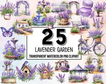 Lavender Garden Watercolor Clipart, Digital Floral Illustrations