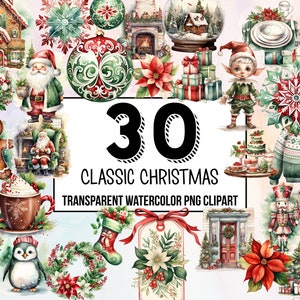 Classic Christmas Clipart Pack, Traditional Christmas Decor, Digital Planner, Junk Journaling, Watercolor, Commercial Use, Sublimation