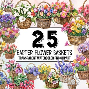 Easter Flowers Watercolor Clipart, Colorful Easter Flowers, Basket, Easter Illustrations, Instant Download for Commercial Use