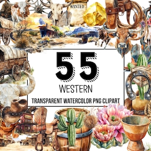 Western Watercolor Clipart - Cowboy, Cowgirl, Cactus, Ranch, Wild West Graphics, Desert Clipart, Rodeo Illustrations