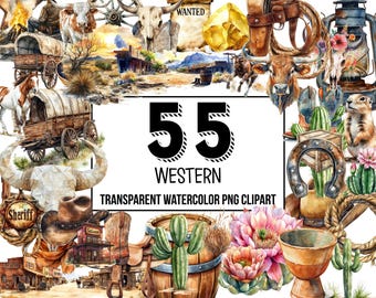 Western Watercolor Clipart - Cowboy, Cowgirl, Cactus, Ranch, Wild West Graphics, Desert Clipart, Rodeo Illustrations