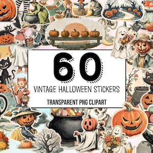 Vintage Halloween Stickers – retro Halloween Stanzteile, Vintage Ephemera, Süßes oder Saures druckbare png, gruselige Horror Kunst